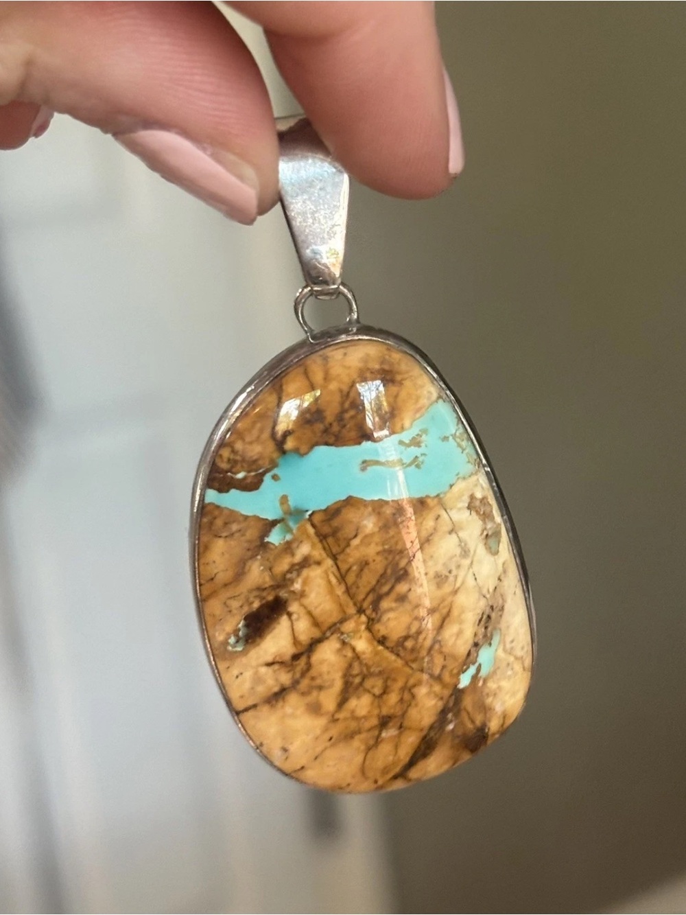 Sterling Silver Navajo TURQUOISE MATRIX PENDANT SIGNED Benjamin B.J. PIASO 925